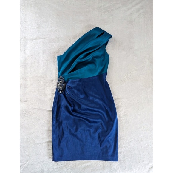 Jessica Howard One Shoulder Ruched Applique Dress Sz 8 Blue Teal Cocktail Party - Picture 1 of 9